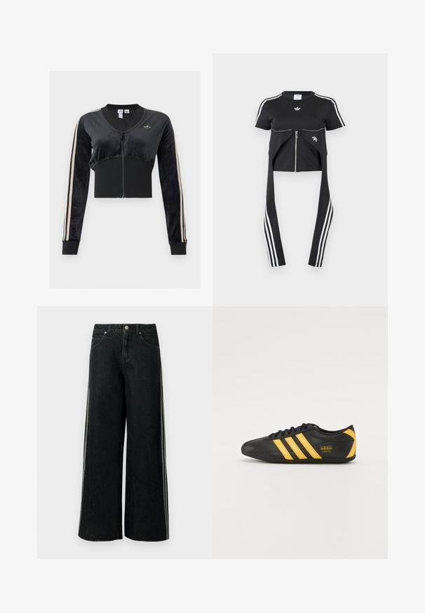 Zwarte korte jas met rits, met beige strepen op de mouwen, geribde tailleband en manchetten en een klein Adidas trefoil-logo op de borst.; Zwart kort mouwtopje met witte Adidas-strepen op de mouwen, ritssluiting aan de voorkant en langere stofpanelen die naar beneden hangen met drie witte strepen.; Zwarte denim jeans met wijde pijpen, zijstrepen, voorzakken, lussen voor een riem en een metalen knoopsluiting in de taille.; Zwarte leren sportschoen met geel drie-strepen ontwerp, ronde neus, zwarte veters en klein logo aan de zijkant. Laag profiel silhouet.