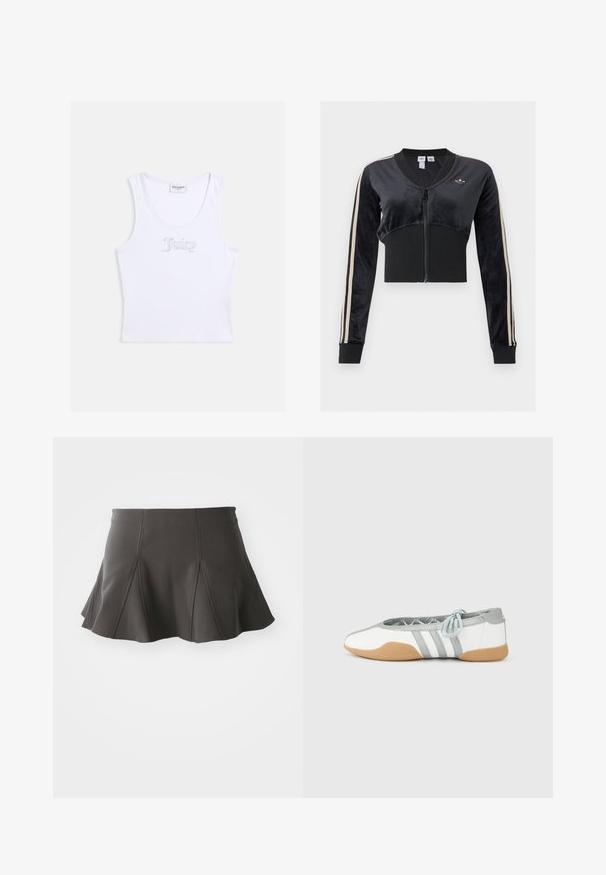 Veste courte noire zippée avec des bandes beiges sur les manches, taille et poignets côtelés, et petit logo trefoil Adidas sur la poitrine.; Top court blanc sans manches en tissu côtelé avec encolure dégagée et "Juicy" écrit en strass sur la poitrine.; Jupe noire évasée avec une taille ajustée, présentant des coutures verticales et une texture lisse. L'ourlet est légèrement incurvé et se situe au-dessus de mi-cuisse.; Ballerines blanches et grises avec un bout arrondi et un lacet élastique, présentant trois rayures grises, et une semelle en caoutchouc beige.