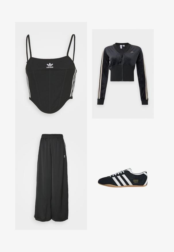 Mustast lühendatud lukuga jakk beežide triipudega varrukaosadel, soonikkoes vöökoht ja mansetid ning väike Adidas trefoil logo rinnal.; Must mustriba top mustaks, reguleeritavate õhukeste kinnitustega, millel on külgedel kolm valget triipu ja keskel väike valge Adidas'i logo.; Mustad, vabalt langevad spordipüksid, mis on valmistatud siledast kangast. Omab elastset vöökoht ja külgedel triibusid koos logo aktsentidega.; Must musta tennisjalanikesed valgete kolme triibuga, kuldse logo ja pruuni kummitaldiga. Omab madalat sidumise disaini.
