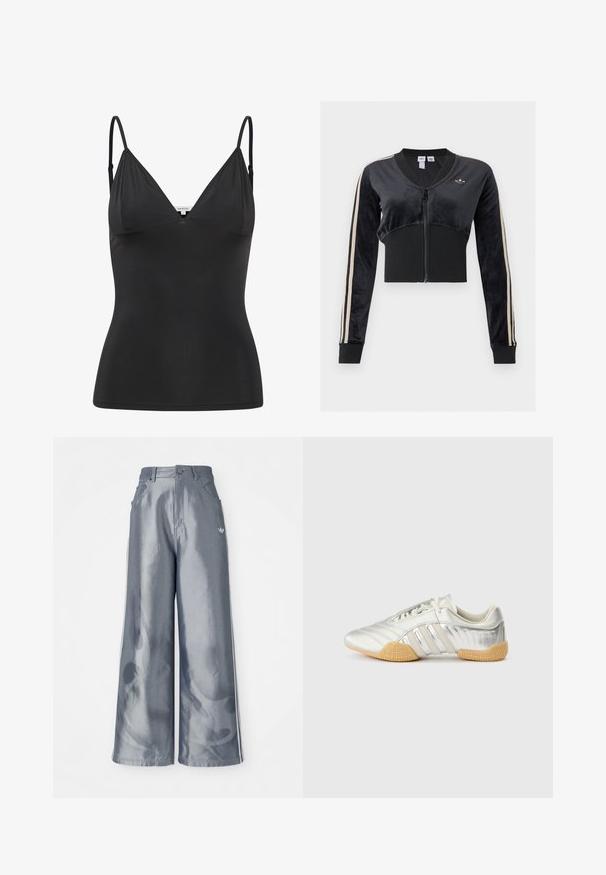 Sort cropped zip-up jakke med beige striber på ærmerne, ribstrikket linning og manchetter, samt et lille Adidas trefoil-logo på brystet.; Sort, tætsiddende camisole med justerbare tynde stropper, V-halsudskæring, sømløst design og glat tekstur. Lavet af et blødt, strækbart materiale.; Bredde benbukser i skinnende grå materiale med hvide sidelookstriber og et flammemønster på underbenene. Knap- og lynlåslukning i taljen.; Sølvfarvet sportssko med en glat læderoverdel, gummisål og teksturerede detaljer. Har et buet design og tonede snørebånd.