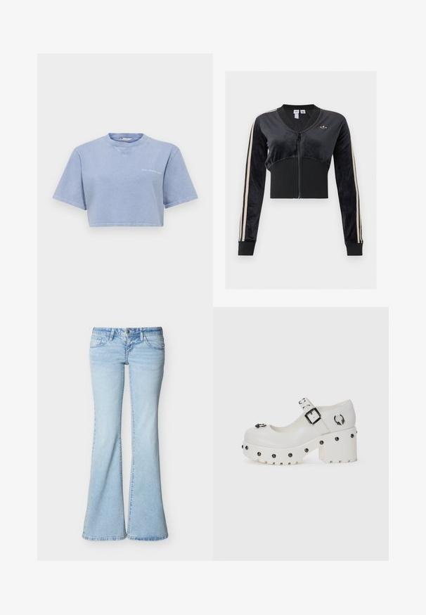 Zwarte korte jas met rits, met beige strepen op de mouwen, geribde tailleband en manchetten en een klein Adidas trefoil-logo op de borst.; Lichtblauw cropped t-shirt van zacht materiaal, met korte mouwen, een ronde halslijn en een kleine grafische print aan de voorkant.; Lichtblauwe spijkerbroek met hoge taille, knoop- en ritssluiting, voor- en achterzakken, en wijduitlopende pijpen.; Witte plateau schoenen met een ronde neus, gespsluiting en ronde studs. Getextureerde zool met een lichte hak en decoratieve hardware-details.