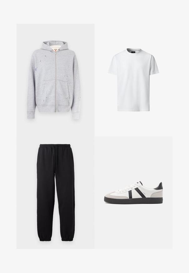 Sudadera gris con cremallera, hecha de mezcla de algodón, con capucha, bolsillos delanteros y detalles de salpicaduras de pintura en el lado izquierdo.; Camiseta blanca lisa de manga corta y cuello redondo, mostrada sobre un fondo blanco, vista frontal con etiqueta de marca visible en el interior del cuello.; Pantalones jogger negros hechos de una tela suave, con cintura elástica y cordón ajustable, y dobladillos en los tobillos.; Zapatilla blanca con acentos en negro y gris, que presenta una puntera texturizada en gris, suela de goma negra y cordones planos blancos. Diseño limpio, estilo minimalista.