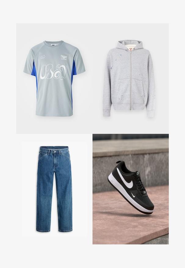 Sudadera gris con cremallera, hecha de mezcla de algodón, con capucha, bolsillos delanteros y detalles de salpicaduras de pintura en el lado izquierdo.; Camiseta deportiva de manga corta en gris y azul. Presenta "OBEY" en blanco en un estilo de escritura fluido, con logotipos en el pecho y la manga. Fabricada con tejido ligero.; Vaqueros azules de pierna recta con bolsillos delanteros, trabillas para cinturón, botón de metal y cremallera, sobre un fondo blanco.; Zapatilla Nike Air Force 1 en blanco y negro suspendida sobre una superficie de concreto rosa con un fondo de piedra gris.