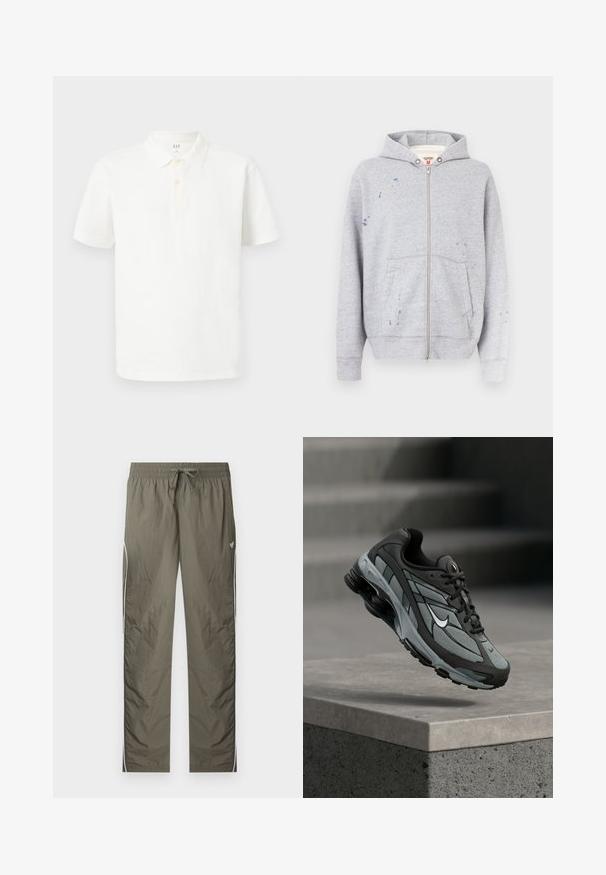 Sweat à capuche gris zippé en mélange de coton, avec capuche, poches avant et détails d'éclaboussures de peinture sur le côté gauche.; Chemise polo blanche en coton avec un col classique, des manches courtes, une patte de boutonnage à deux boutons et un tissu texturé subtil.; Pantalon de sport léger vert olive avec taille élastique, cordon de serrage, bandes blanches sur les côtés et petit logo papillon sur la cuisse droite.; Baskets athlétiques grises et noires avec panneaux en mesh et semelle épaisse, positionnées en plein air au-dessus d'un rebord en béton avec des escaliers en arrière-plan.