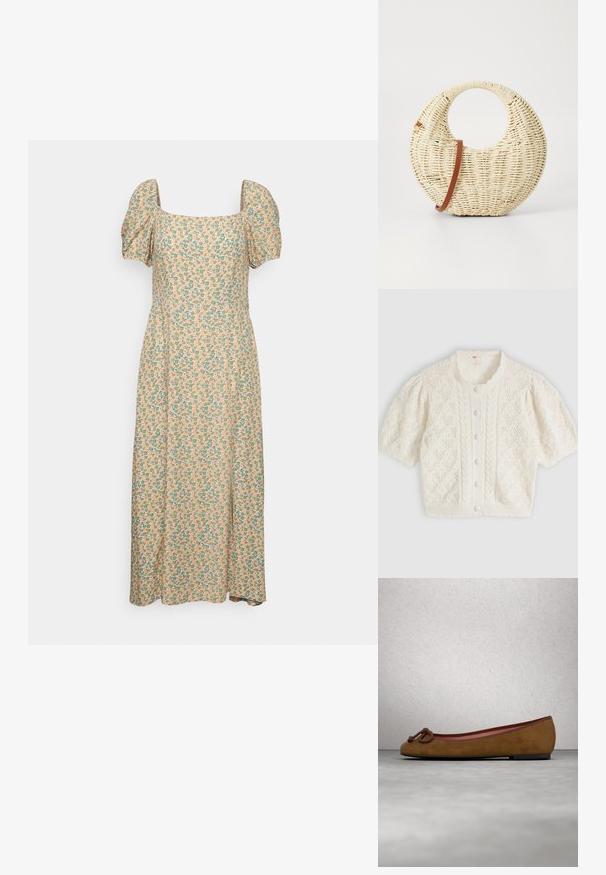 Hvid kortærmet strikket cardigan med diamant- og kabelmønstre, knaplukning foran og rund hals med flæser.; Even&Odd by Zalando Hverdagskjole - green/pink; Brune ruskinds ballerina med afrundet tå, med en knyttet detalje på fronten, tynd rød kant og en flad sort sål.; Rund flettet taske i naturligt strå med en tekstureret overflade. Har en glat brun læderrem og et cirkulært håndtag.