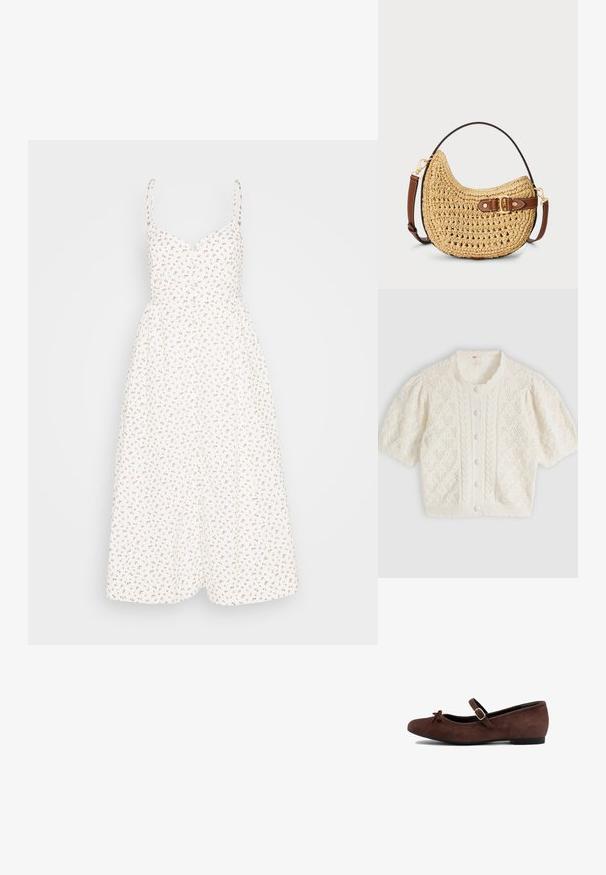 Valge lühikeste varrukatega kootud kardigan teemant- ja kabeemustriga, ees nööpidega ning rüüsäärtega ümmarguse kaelusega.; Madewell ALEXA RUFFLE BODICE BUTTON DOWN MIDI DRESS PRINT - Särkkleit - lighthouse; Pruunist sametist balletikleidid, ümmarguse varbaga, väike paelaelement ees ning reguleeritav rihm hõbedase kinnitusega. Madal tala.; Kootud söe-kott, millel on kõver kuju, pruun nahkrihm klambriga ja naturaalne beež värv. Tekstureeritud pind, kus on nähtavad õmblused.