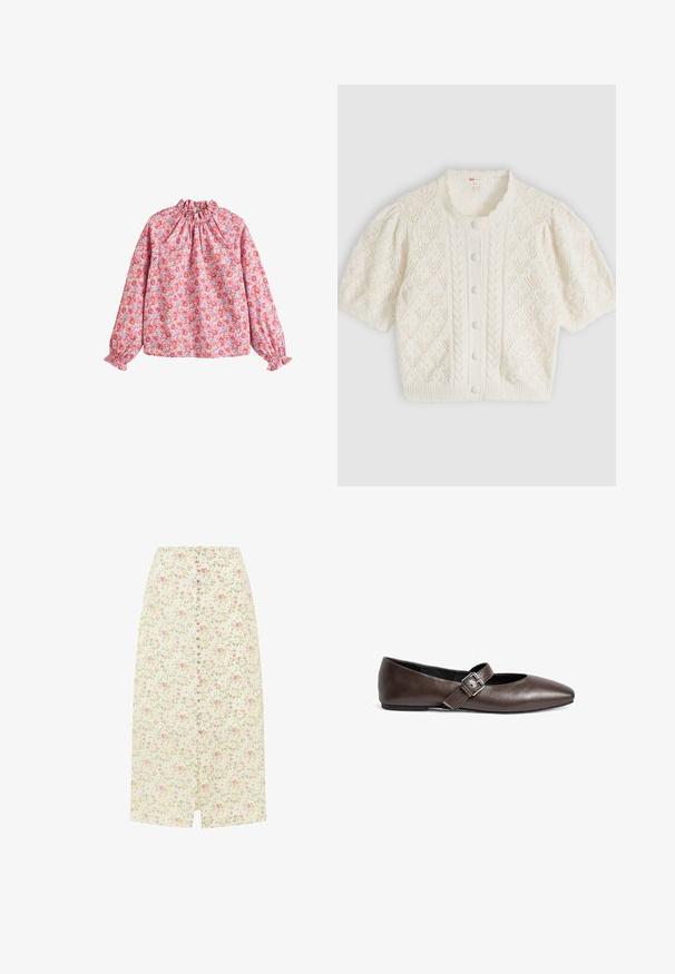 Hvid kortærmet strikket cardigan med diamant- og kabelmønstre, knaplukning foran og rund hals med flæser.; Blomsterbluse med en sammensnøret halsudskæring og manchetter, med en pink baggrund og røde samt lilla blomster, lavet af letvægtsstof.; Lys cremefarvet midi nederdel med lyserødt og gult blomsterprint, knapper foran og et lille frontslids.; Brune læder flade sko med rund tå og en justerbar spænde rem over midtfoden. Glat tekstur og minimalistisk design.