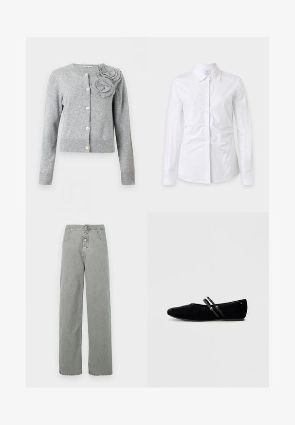 Light grey button-up cardigan with long sleeves and two large fabric flower decorations on the left shoulder.; White long-sleeve button-up shirt with collar, slightly wrinkled fabric, and a visible brand tag inside the collar.; Light gray wide-leg pants made of denim, featuring a high waist, five-button front closure, and two front pockets.; Black suede flat shoe with a pointed toe, featuring two adjustable straps across the instep and a low, flat sole.