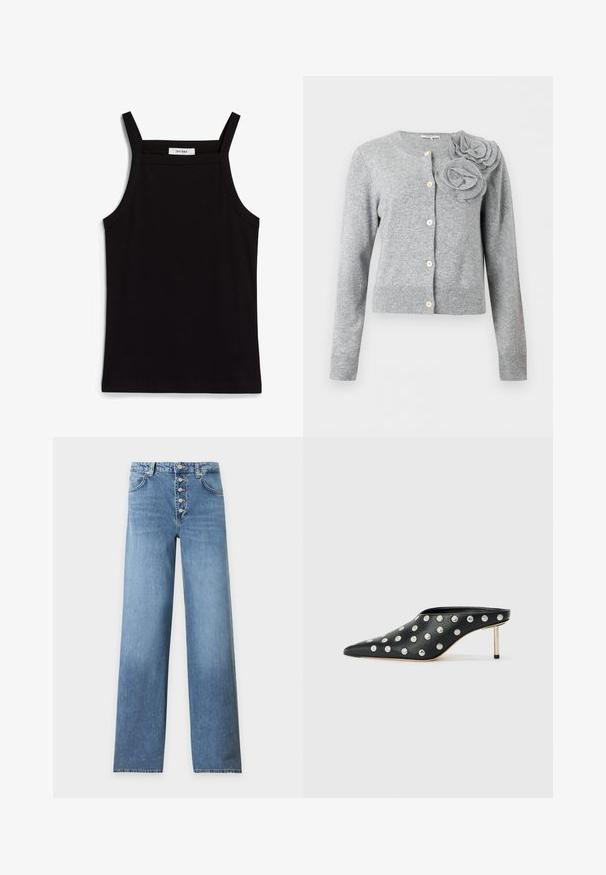 Hellgrauer Strickjacke zum Knöpfen mit langen Ärmeln und zwei großen Stoffblumen auf der linken Schulter.; Schwarzes Tanktop mit dünnen Spaghetti-Trägern, aus geripptem Stoff, mit geradem Schnitt und einem Etikett am Hals, auf dem "IVY OAK" steht.; Hellblaue Denim-Jeans mit geradem Bein, hoher Taille und fünf sichtbaren Metallknöpfen am vorderen Verschluss.; STAND STUDIO KELSEY - Pantolette hoch - black