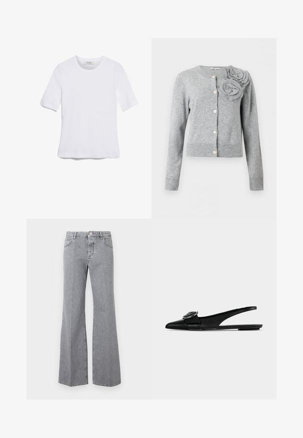 Cardigan gris claro con botones, mangas largas y dos grandes decoraciones de flores de tela en el hombro izquierdo.; Camiseta de manga corta blanca hecha de tela de canalé. Cuello redondo, corte regular y detalles de costura sutiles. Sin patrones ni gráficos.; Vaqueros de mezclilla grises de cintura alta con botón frontal y cremallera, cinco bolsillos y piernas anchas acampanadas, mostrados sobre un fondo liso.; Zapato plano slingback de cuero negro con puntera puntiaguda, una correa ancha y detalle de hebilla metálica redonda en la parte superior.