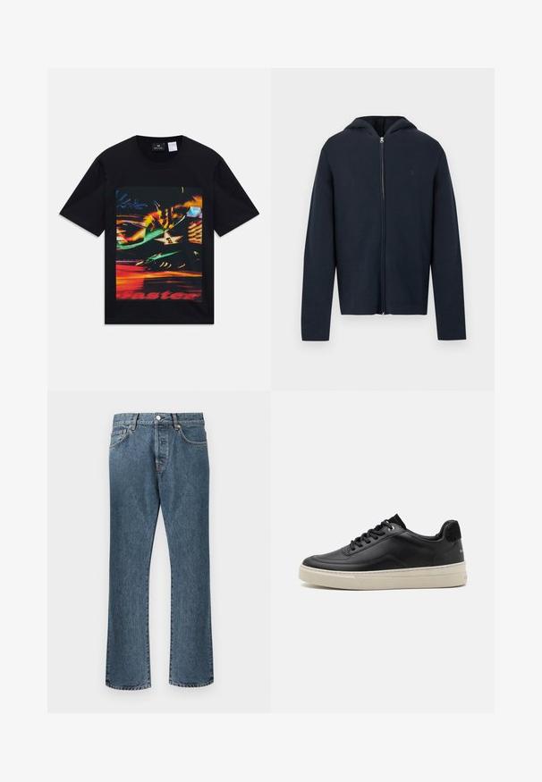 Marineblå hættejakke med lynlås, lavet af blødt stof, med en lynlås foran, lange ærmer og hætte. Diskret logo på brystet. Glat tekstur.; Sort t-shirt med korte ærmer og et grafisk design af farverige, slørede neonlys, inklusive en stjerne med nummer et og delvist rødt tekst "hurtigere".; Blå denim jeans med lige ben design, der har en klassisk knap- og lynlås lukning, fem lommer og subtilt slid.; Sort lædersneaker med lav profil, der har en cremefarvet gummisål, rund tå og snøre-design, akkompagneret af en hæl i sort ruskind.