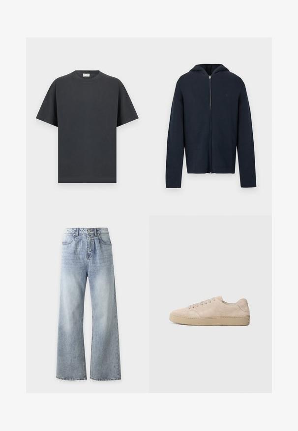 Sweat à capuche zippé marine en tissu doux, avec une fermeture éclair à l'avant, des manches longues et une capuche. Logo discret sur la poitrine. Texture lisse.; T-shirt noir à manches courtes avec col rond et ourlet droit, présenté à plat sur un fond gris clair.; Jean bleu clair taille haute à jambes larges avec poches avant, fermeture à boutons et délavage sur les cuisses et les genoux.; Baskets en daim beige avec un bout rond, des lacets plats et une semelle en caoutchouc texturé. Design minimaliste avec des bords lisses et des coutures discrètes.