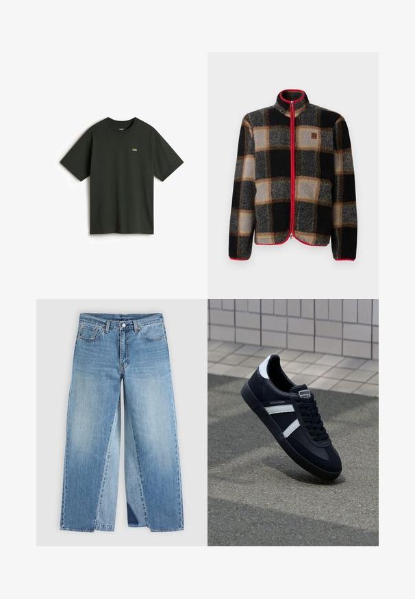 Fleecejakke med sort, grå og brun ternet mønster. Har en rød lynlås og krave, frontlynlås og logo-patch på brystet.; Vans T-shirts basic - dark green; Straight-leg blå denimjeans med klassisk fem-lomme design og forreste knaplukning, vist fladt på en neutral baggrund.; Sort lædersneaker med hvide striber, tekstureret gummisål og snørrebånd foran. Har et brandet mærke på tungen.