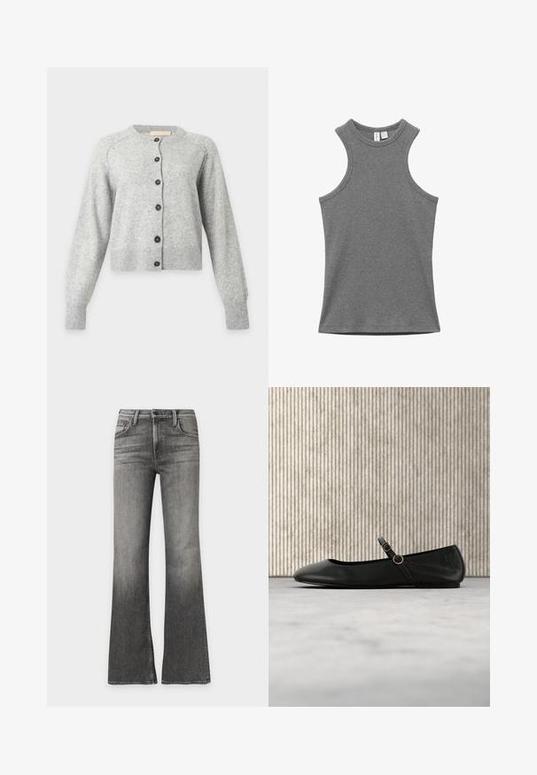 Cardigan en laine gris clair à manches longues, col rond, poignets et ourlet côtelés, avec six boutons noirs sur le devant.; Débardeur gris sans manches, en maille côtelée avec col rond, posé à plat sur un fond blanc, étiquettes visibles au col.; Jean gris taille haute avec une légère évasement en bas, fermeture éclair et bouton à l'avant, et design standard à cinq poches.; Ballerine en cuir noir avec bout arrondi, dotée d'une fine lanière et d'une boucle circulaire dorée. Texture lisse et design minimaliste.