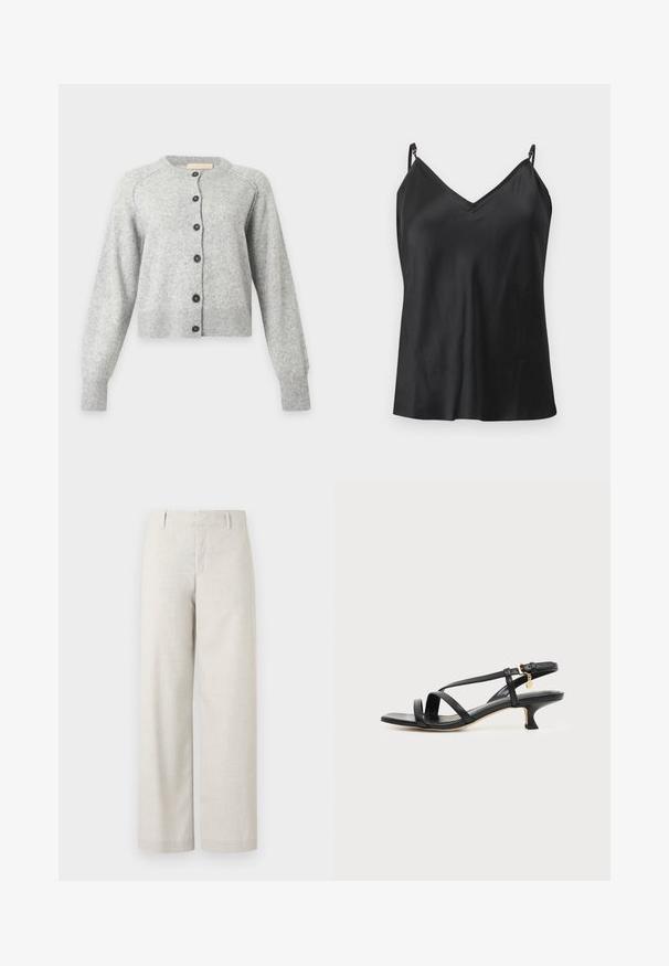 Cardigan en laine gris clair à manches longues, col rond, poignets et ourlet côtelés, avec six boutons noirs sur le devant.; Haut caraco en satin noir avec bretelles fines réglables et encolure en V, présenté sur un fond gris clair.; Pantalon beige taille haute à coupe droite, avec passants de ceinture et une fermeture avant dissimulée, sur un fond uni.; Sandale noire en cuir à brides fines, talon bas kitten, boucle à la cheville et petit pendentif doré sur fond clair uni.
