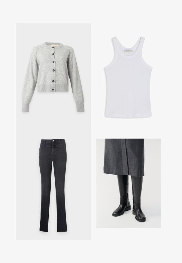 Lichtgrijze wollen cardigan met lange mouwen, ronde hals, geribde manchetten en zoom, en zes zwarte knopen aan de voorkant.; Witte tanktop van gladde stof, met een ronde halslijn en brede schouderbanden, met een label binnenin waarop "IVY OAK" staat.; Zwarte slim-fit jeans met een taille tot op de heupen, knoopsluiting, riemlussen en voor- en achterzakken.; Zwarte leren laarzen tot de knie met een gladde textuur, zijritsen en een platte zool. De laarzen hebben een gestructureerde schacht en minimale hardware.