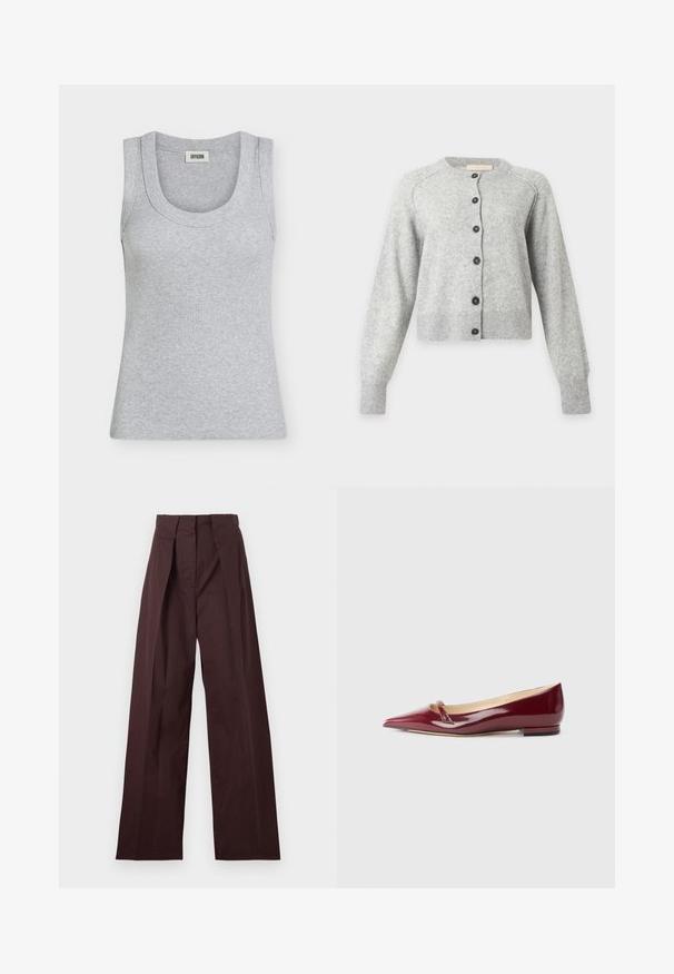 Cardigan en laine gris clair à manches longues, col rond, poignets et ourlet côtelés, avec six boutons noirs sur le devant.; Débardeur gris côtelé sans manches avec un col rond et une petite étiquette à l’intérieur du dos indiquant "DRYKORN".; Pantalon taille haute marron foncé ajusté avec jambes larges et plis avant, présenté à plat sur un fond clair.; Ballerines en cuir verni bordeaux avec un bout pointu, présentant un petit détail découpé et un petit talon. Texture lisse et design épuré.