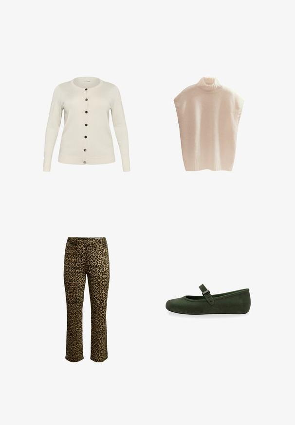 Lichtbeige cardigan gemaakt van textuur gebreide stof. Heeft een ronde halslijn, lange mouwen en zwarte knopen aan de voorkant.; Licht beige gebreid sweater met een hoge opstaande kraag en brede mouwen. Bevat geribbelde accenten bij de kraag en de zoom. Zachte textuur.; Een broek met luipaardprint, met een slim fit, knoopsluiting en gestikte tailleband met een lichte stretch voor comfort.; Melissa SOFT - Ballerina's met enkelbandjes - dark green
