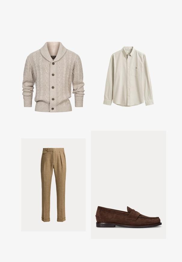 INDICODE JEANS ILTERLY - Kardigán - kit; Béžová a biela košeľa s vertikálnymi pruhmi, s dlhým rukávom, golierom a vreckom na hrudi, vystavená naplocho bez osoby.; Hnedé kárované nohavice s vysokým pásom, záhybmi, bočnými vreckami, zapínaným bočným remienkom, manžetami a upravenými rovnými nohavicami.; Hnedý semišový penny loafer s nízkym opätkom a viditeľným prešitím pozdĺž špičky, bokov a zadnej časti, zobrazený na jednolivom svetlom pozadí.