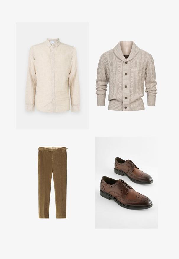 INDICODE JEANS ILTERLY - Neuletakki - kit; Valkoinen pitkähihainen paita, joka on valmistettu tekstuuri kankaasta, jossa on klassinen kaulus, nappisulku ja rento istuvuus.; Ruskeat corduroylahkeet, joissa on suora lahjemuoto, hienovarainen kankaan ribbitekstuuri ja vyölenkit vyötäröllä.; Ruske derbi čevlji iz usnja z brogu obliko, koničastim nosom in ravnim gumijastim podplatom. Zapleteni perforirani detajli vzdolž robov.