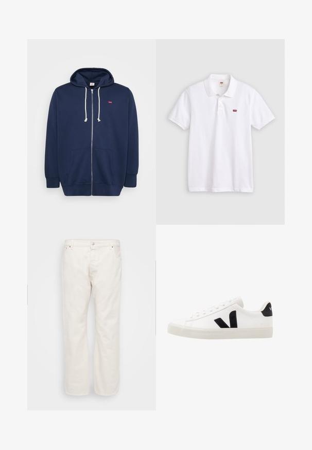 Marineblauwe rits-hoodie van een katoenmix met een trekkoordcapuchon, voorzakken en een klein rood logo op de borst. Zachte textuur.; Witte katoenen poloshirt met een klassieke kraag, drie-knopenbies en een klein rood label logo op de linkerborst. Korte mouwen.; Witte denim jeans met een rechte pasvorm, voorzien van een knoopsluiting, riemlussen en twee zijzakken. Gladde textuur, minimalistische details.; Witte leren sneaker met zwarte suède accenten; voorzien van een rubberen zool, ronde neus en een klassieke vetersluiting. Zijkant met logo in het zwart.