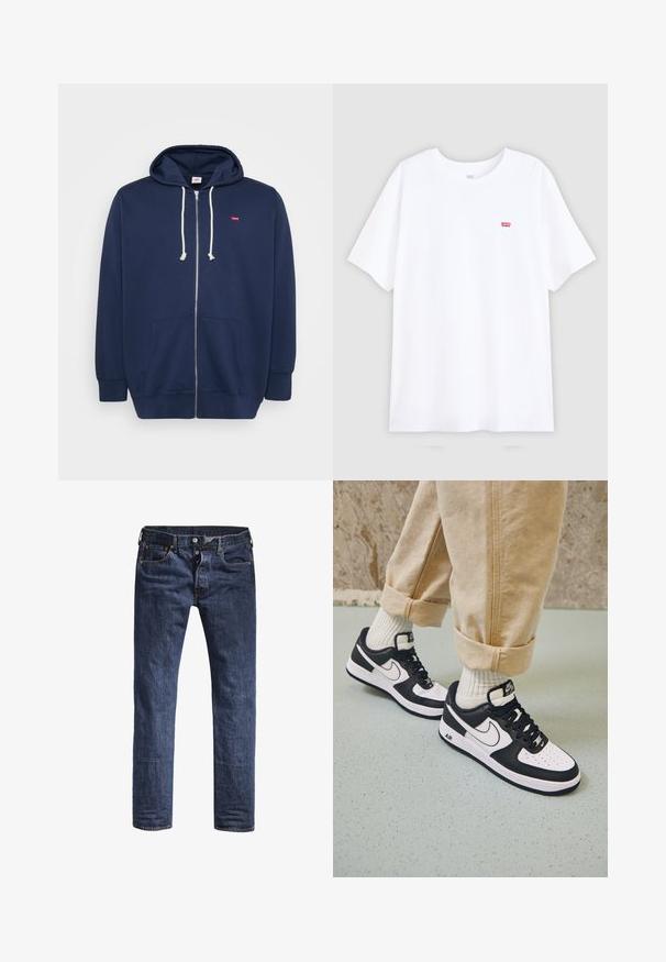 Marineblå lynlås-hoodie lavet af en bomuldsblanding med snørehuvud, frontlommer og et lille rødt logo på brystet. Blød tekstur.; Hvid bomulds t-shirt med korte ærmer og rund halsudskæring. Har et lille rødt Levi's logo på venstre bryst. Flad design, uden mønstre.; Mørkeblå denim jeans med slim fit, fem lommer og en standard taljehøjde. Har synlige syninger og metal hardware detaljer.; Sorte og hvide Nike Air Force 1 sneakers med læderoverdel, perforeret tå og tekstureret såldetalje, båret med rullede beige bukser og hvide sokker.