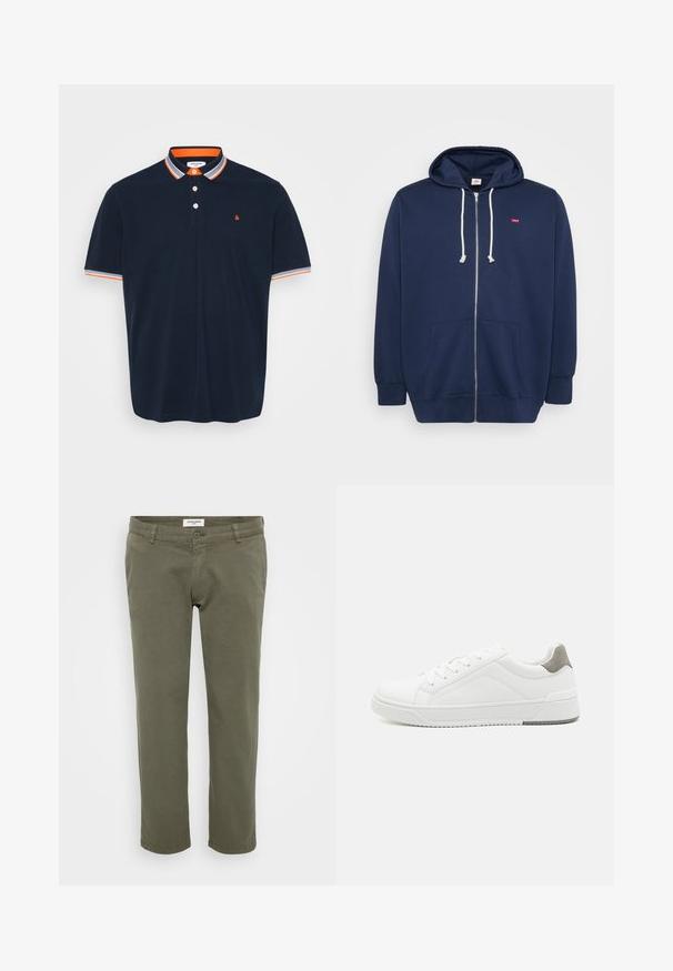 Sudadera con cremallera de color azul marino, hecha de una mezcla de algodón, con capucha ajustable, bolsillos frontales y un pequeño logo rojo en el pecho. Textura suave.; Polo de color navy en algodón con cuello que presenta rayas naranjas y grises, tapeta de tres botones y pequeño logo bordado en el pecho.; Chinos verde oliva con corte recto, elaborados en algodón con ligera textura, con cierre de botón y trabillas para cinturón.; Zapatilla blanca con material de cuero liso, punta redonda, diseño minimalista, acento gris en el talón y suela de goma texturizada.