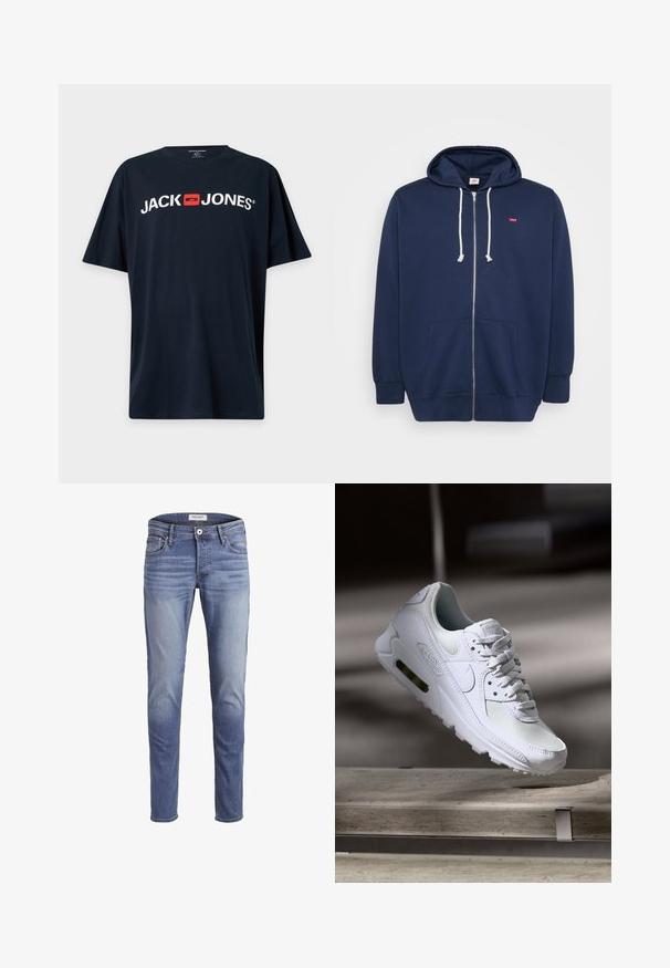 Marineblå lynlås-hoodie lavet af en bomuldsblanding med snørehuvud, frontlommer og et lille rødt logo på brystet. Blød tekstur.; Sort T-shirt med korte ærmer med hvid "JACK JONES" tekst og et rødt firkantet logo centreret på brystet.; Smalpassende blå jeans lavet af denim, med en falmet vask, fem lommer og en lynlås i front med knaplukning.; Hvide Nike Air Max 90 sneakers med en overdel i mesh og læder, perforeret tåboks og en synlig luftenhed i hælen.