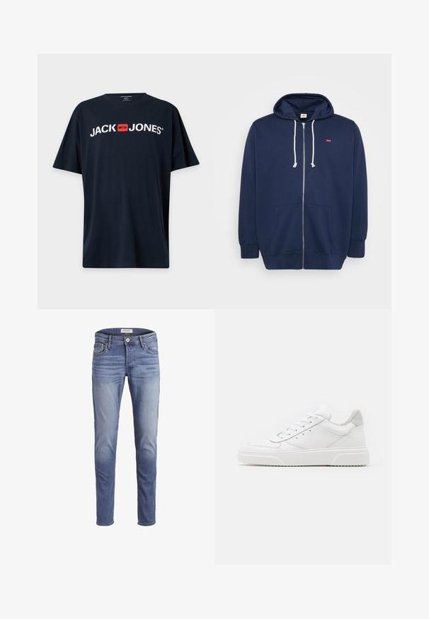 Námornícky modrá mikina na zips vyrobená z bavlnenej zmesi s kapucňou na šnúrky, prednými vreckami a malým červeným logom na hrudi. Mäkka textúra.; Čierne tričko s krátkym rukávom s bielym textom "JACK JONES" a červeným štvorcovým logom umiestneným v strede hrudníka.; Úzke modré džínsy vyrobené z denimu, s vyblednutým pr washed, piatimi vreckami a zipsom s gombíkovým zapínaním.; Biele kožené tenisky s hladkým povrchom, zaoblenou špičkou, plochými šnúrkami a textúrovanou podrážkou. Sivý semišový akcent na päte.
