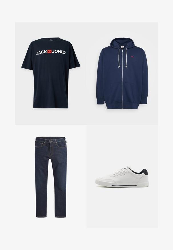 Námornícky modrá mikina na zips vyrobená z bavlnenej zmesi s kapucňou na šnúrky, prednými vreckami a malým červeným logom na hrudi. Mäkka textúra.; Čierne tričko s krátkym rukávom s bielym textom "JACK JONES" a červeným štvorcovým logom umiestneným v strede hrudníka.; Tmavomodré džínsy s rovnými nohavicami, dizajnom s piatimi vreckami a zapínaním na kovový gombík. Obsahujú kontrastné šitie po celom obvode.; Biele tenisky s hladkým syntetickým zvrškom, okrúhlou špičkou, šnurovaním, námorníckym akcentom na päte a textúrovanou gumovou podrážkou s čiernym pruhom.