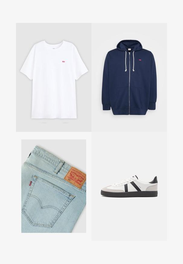 Dunkelblaue Zip-up Hoodie aus Baumwollmischung mit Kordelzugkapuze, frontalen Taschen und einem kleinen roten Logo auf der Brust. Weicher Stoff.; Weißes Baumwoll-T-Shirt mit kurzen Ärmeln und Rundhalsausschnitt. Verfügt über ein kleines rotes Levi's-Logo auf der linken Brust. Flaches Design, keine Muster.; Hellblaue Levi's Jeans Rücktasche mit dem charakteristischen roten Label und einem braunen Leder-Etikett mit der Modellnummer 502 sowie Details der Naht.; Weiße Sneaker mit schwarz- und grau-aczenten, ausgestattet mit einer strukturierten grauen Zehenkappe, schwarzer Gummi-Sohle und flachen weißen Schnürsenkeln. Sauberes Design, minimalistische Stil.