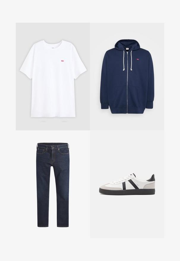 Haut de sweat à capuche zippé bleu marine en mélange de coton avec capuche à cordon, poches avant et un petit logo rouge sur la poitrine. Texture douce.; T-shirt en coton blanc à manches courtes et encolure ras du cou. Présente un petit logo rouge Levi's sur la poitrine gauche. Design plat, sans motifs.; Jeans en denim bleu foncé avec une coupe droite, un design à cinq poches et un bouton métallique de fermeture. Présente des coutures contrastantes sur l'ensemble.; Baskets blanches avec des accents noirs et gris, présentant un embout texturé gris, une semelle en caoutchouc noir et des lacets plats blancs. Design épuré, style minimaliste.