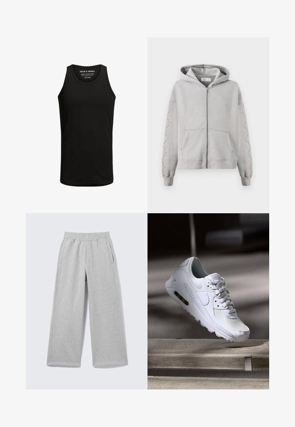 Sweat à capuche gris avec une fermeture éclair intégrale, dotée de clous décoratifs le long des manches et de poches kangourou. Matière en coton doux.; Débardeur noir en mélange de coton, avec un col rond classique et un design sans manches. Texture unie sans motifs ni accents.; Pantalon de survêtement gris clair à jambes larges avec taille élastique et poches latérales, présenté sur un fond uni.; Sneaker Nike Air Max 90 blanche avec une tige en mesh et cuir, une boîte à orteils perforée et une unité air visible au talon.