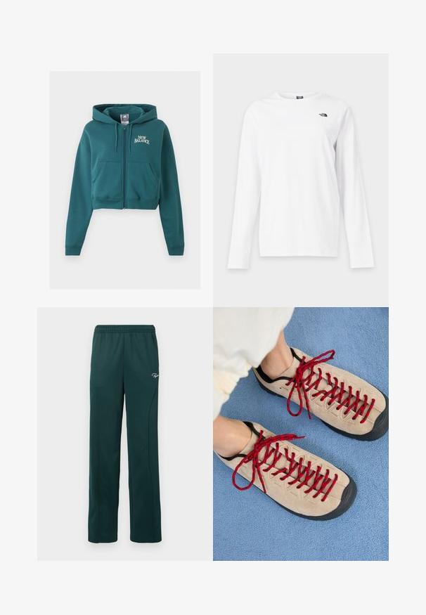 Tealkleurige hoodie met rits en trekkoorden, voorzakken, "New Balance" logo op de linkerborst en geribde manchetten en zoom.; Wit shirt met lange mouwen en ronde hals met klein zwart The North Face-logo op de linkerborst.; Donkergroene sweatpants van zacht materiaal, met een elastische tailleband en zijnaadseams, en een klein logo op de voorkant.; Beige schoenen met rode veters, geplaatst op een blauwe, gestructureerde ondergrond, onthullen gedeeltelijk de enkel van een persoon. De schoenen hebben een sportief ontwerp.
