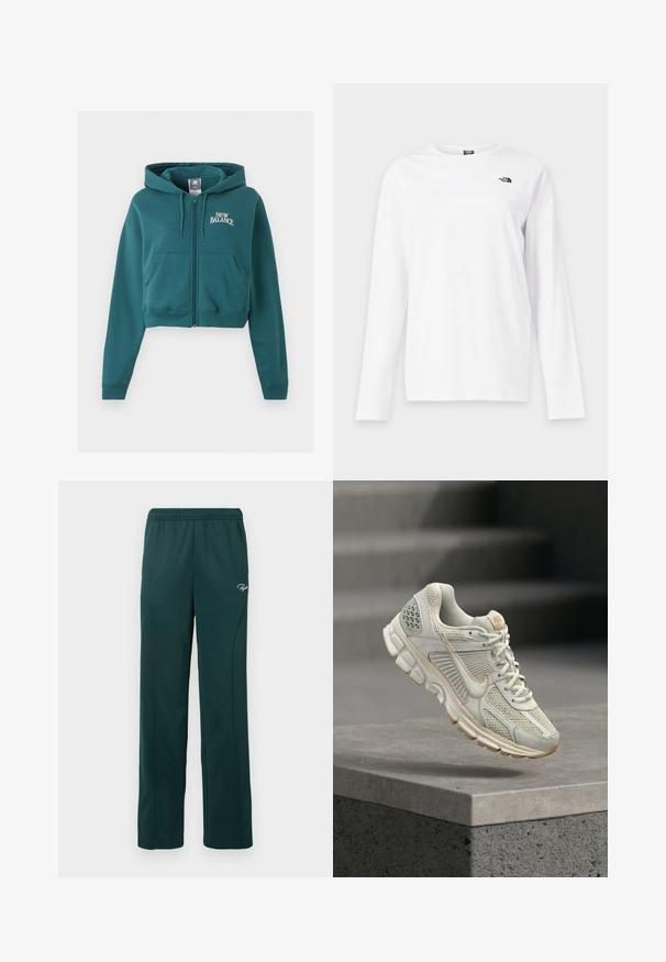 Sudadera con capucha y cremallera en color verde azulado, con cordones, bolsillos delanteros, logo "New Balance" en el pecho izquierdo y puños y dobladillo acanalados.; Camiseta blanca de manga larga con cuello redondo y pequeño logo negro de The North Face en el lado izquierdo del pecho.; Pantalones de chándal verde oscuro hechos de una tela suave, con una cintura elástica y costuras laterales, y un pequeño logo en la parte delantera.; Zapatilla de running color beige claro con parte superior de malla, forro suave, suela de goma y acentos en marrón. Presenta un logo de swoosh prominente en el lateral y paneles texturizados.