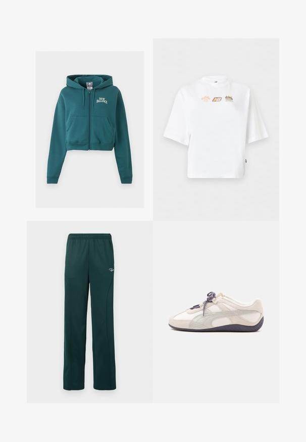Türkisfarbener Kapuzenpullover mit Reißverschluss und Kordelzug, Fronttaschen, "New Balance" Logo auf der linken Brust und gerippten Bündchen und Saum.; Weißes oversized T-Shirt mit kurzen Ärmeln und drei kleinen bunten Logos auf der Brust, darunter New Balance und Marathon-Themen.; Dunkelgrüne Sweatpants aus weichem Stoff, mit einem elastischen Bund und Seitennähten, versehen mit einem kleinen Logo auf der Vorderseite.; Weiß-beiger Sneaker mit niedrigem Schaft, dunkelgrauen Schnürsenkeln und Sohle, Wildleder-Akzenten und einem glatten, geschwungenen Design auf einfarbigem Hintergrund.