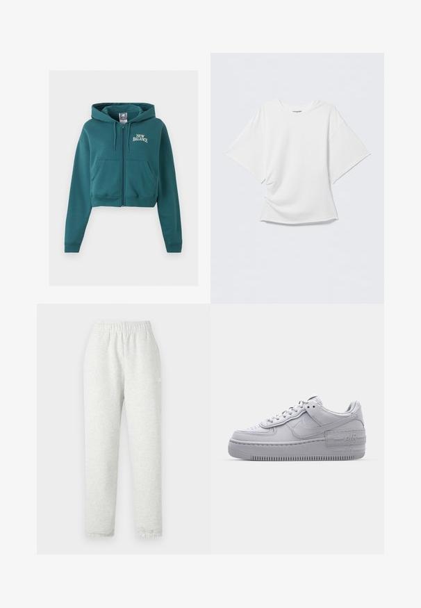 Tealkleurige hoodie met rits en trekkoorden, voorzakken, "New Balance" logo op de linkerborst en geribde manchetten en zoom.; Witte oversized T-shirt met korte mouwen en ronde hals, licht gerimpelde voorkant, getoond tegen een effen lichtgrijze achtergrond.; Lichtgrijze sweatpants met een elastische tailleband, taps toelopende pijpen en ribgebreide manchetten. Gemaakt van een zachte, gestructureerde stof. Witte logodetail aan de zijkant.; Grijze Nike Air Force 1 sneaker met geperforeerde neus, glad leren bovenwerk, dikke zool en verhoogde 'AIR' details op de hiel.