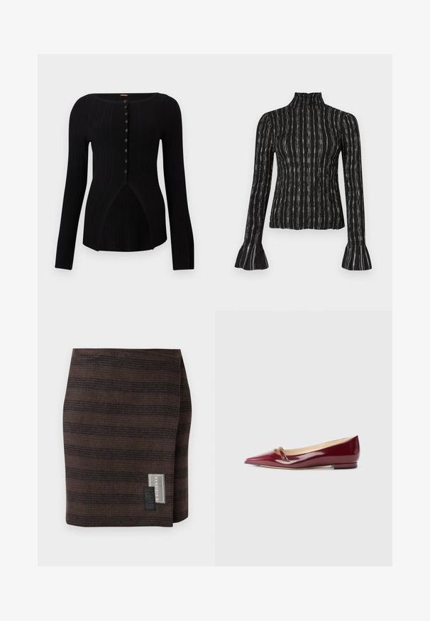 Cardigan noir côtelé à manches longues avec fermeture à boutons sur le devant et légère fente à l'ourlet, en tissu maille ajusté.; Haut noir à manches longues avec col haut, présentant des rayures verticales et des poignets évasés. Le matériau a une finition texturée avec un léger éclat.; Jupe marron en tissu texturé, présentant des rayures horizontales de différentes teintes. Une étiquette sur le côté affiche le nom de la marque et les instructions d'entretien.; Ballerines en cuir verni bordeaux avec un bout pointu, présentant un petit détail découpé et un petit talon. Texture lisse et design épuré.