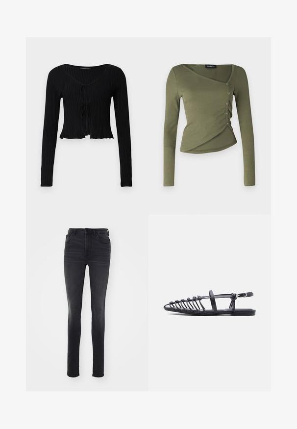 Schwarze, gerippte, langärmelige, kurz geschnittene Strickjacke mit V-Ausschnitt und zwei vorderen Binderverschlüssen, leicht gerafftem Saum, flach auf weißem Hintergrund ausgelegt.; Langärmliges, olivgrünes Oberteil aus geripptem Stoff. Verfügt über ein drapiertes Design mit einem V-Ausschnitt und Knöpfen an den Seiten entlang des überlappenden Saums.; Schmale schwarze Jeans aus Denim, mit hohem Bund, fünf Taschen, dezenten Ausbleichungen und geradem Schnitt.; Schwarze flache Sandale mit mehreren dünnen Riemen, verstellbarem Knöchelriemen mit Schnalle und offenem Zehenkäfig-Design vor weißem Hintergrund.