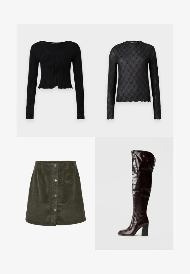 Schwarze, gerippte, langärmelige, kurz geschnittene Strickjacke mit V-Ausschnitt und zwei vorderen Binderverschlüssen, leicht gerafftem Saum, flach auf weißem Hintergrund ausgelegt.; Schwarzes Langarmoberteil mit einem strukturierten Muster aus überlappenden Kreisen, mit einem leicht rüschierten Ausschnitt und gewelltem Saum. Durchsichtiges Material.; Dunkelgrüner Cord-Rock in A-Linie, mit fünf silbernen Knopfverschlüssen auf der Vorderseite und vertikaler Ripptextur.; Kniehohe, glänzende Stiefel aus burgunderfarbenem Leder mit quadratischer Spitze und Blockabsatz, mit einem lässigen Design und minimalen Nähten.