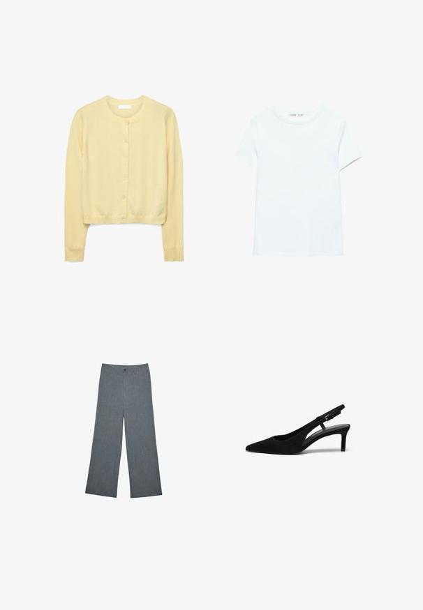 Hellgelber, langärmeliger Cardigan mit Knopfleiste vorne, rundem Ausschnitt und gerippten Bündchen sowie Saum, flach auf weißem Hintergrund dargestellt.; Schlichtes weißes Baumwoll-T-Shirt mit kurzen Ärmeln und Rundhalsausschnitt, flach auf weißem Hintergrund dargestellt, ohne sichtbare Muster oder Logos.; Stradivarius SMART FIT - Stoffhose - dark grey; Schwarzer Wildlederslingback-Schuh mit spitzem Zehenbereich, niedrigem Absatz, offenen Seiten und verstellbarem Riemen mit einer Metallschnalle. Glatte Textur.