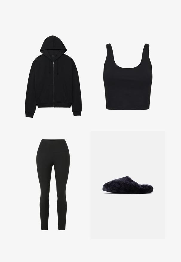 Schwarze Zip-Hoodie aus weichem Stoff, mit einer Kängurutasche, einer Kapuze mit Kordelzug und gerippten Bündchen. Einfaches Design und minimale деталировка.; Schwarzes, kürzes Tanktop aus glattem, elastischem Stoff. Mit runder Ausschnittform und breiten Schulterträgern. Einfaches, minimalistisches Design.; Schwarze Leggings mit einem hohen Bund. Hergestellt aus dehnbarem Stoff, mit einer glatten Textur und einer anliegenden Silhouette ohne sichtbare Nähte.; Schwarzer, flauschiger Hausschuh zum Hineinschlüpfen mit geschlossener Zehenpartie und offenem Rücken, weiches, strukturiertes Stoffmaterial, seitliche Ansicht vor weißem Hintergrund.