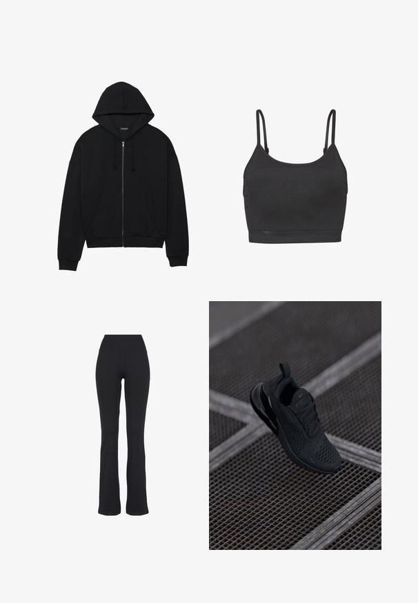 Sort zip-up hoodie lavet af blødt stof, med en kengurulomme, snoretræk i hætten og ribbede manchetter. Enkel design og minimalt detaljeret.; Sort sports-bh med tynde justerbare stropper, lavet af glat, strækbart stof, med et enkelt design og mellemlang længde.; Sorte højtaljede, tætsiddende yogabukser med udvidede ben, præsenteret mod en hvid baggrund.; Sort atletiksneaker med mesh-overdel, polstret krave og gummisål. Har et karakteristisk swoosh-logo og strukturerede detaljer.