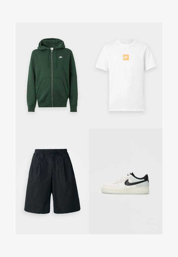 Σκούφο πράσινο φούτερ Nike με φερμουάρ, μπροστινές τσέπες, κουκούλα με κορδόνι και λευκό λογότυπο Nike στο αριστερό στήθος.; Λευκό κοντομάνικο βαμβακερό μπλουζάκι με μικρό πορτοκαλί τετράγωνο στο στήθος που περιέχει λευκό λογότυπο της Nike και το swoosh.; Μαύρο σορτς με ελαστική μέση και ρυθμιζόμενο κορδόνι. Φτιαγμένο από ομαλό ύφασμα, με χαλαρή εφαρμογή και χωρίς ορατά σχέδια.; Nike Air Force 1 χαμηλής κοπής σε κρέμ και ανοιχτό γκρι με μαύρο swoosh και λογότυπο Gore-Tex σε λευκό φόντο.