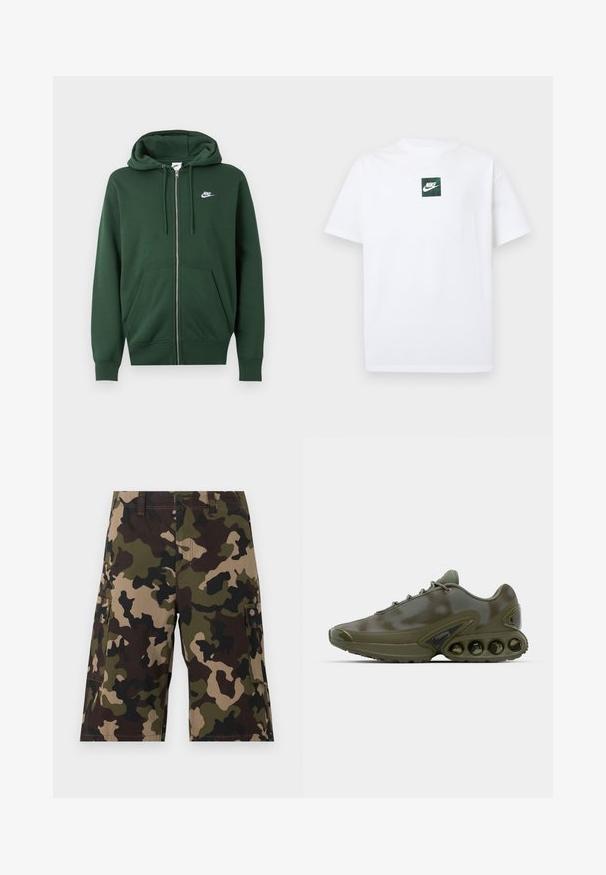 Dunkelgrüner Nike Kapuzenpullover mit Reißverschluss, Fronttaschen, Kordelzugkapuze und weißem Nike-Logo auf der linken Brust.; Weißes Nike-T-Shirt mit kurzen Ärmeln, versehen mit einem kleinen grünen quadratischen Logo, das den Nike-Swoosh und Text in der Brustmitte zeigt.; Herren-Cargoshorts knielang mit Tarnmuster in Grün, Braun und Beige, ausgestattet mit mehreren Taschen und einem Knopfverschluss.; Dunkelgrüner Sportschuh mit einer strukturierten Oberseite, Schnürverschluss und einer auffälligen Sohle, die sechs sichtbare Luftpolsterungseinheiten aufweist.