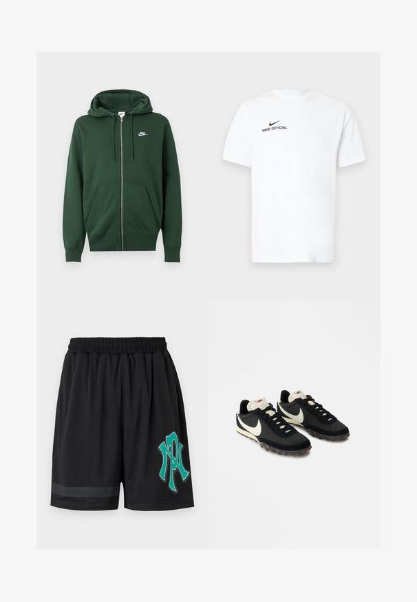 Σκούφο πράσινο φούτερ Nike με φερμουάρ, μπροστινές τσέπες, κουκούλα με κορδόνι και λευκό λογότυπο Nike στο αριστερό στήθος.; Λευκό βαμβακερό T-shirt με κοντά μανίκια. Διαθέτει μαύρο λογότυπο «Nike Official» και μαύρο σβούρο στην αριστερή πλευρά του στήθους.; Μαύροι αθλητικοί σορτς από δίχτυ με ελαστική μέση και στυλιζαρισμένο λογότυπο "N" και "Y" σε τιρκουάζ στο μπροστινό δεξί πόδι.; Μαύρα αθλητικά παπούτσια με υφή στο επάνω μέρος, λευκό λογότυπο swoosh και καουτσούκ σόλα με μικρά καρφιά για πρόσφυση. Κρέμα χρώματος κολάρο.