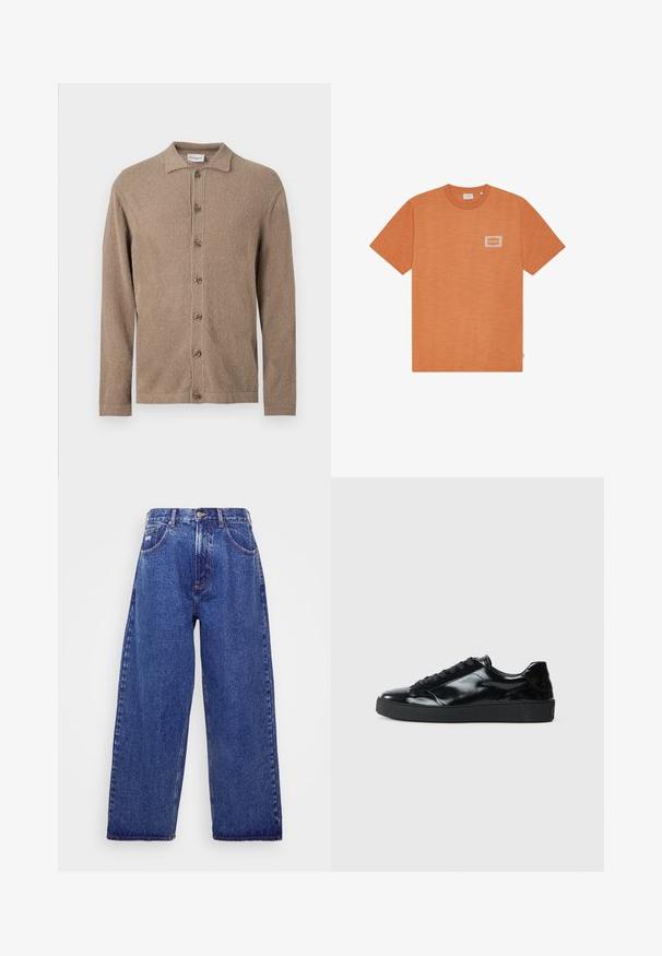Brun skjorte med lange ærmer og knapper, lavet af tekstureret stof og med en lille krave, vist på en simpel lys baggrund.; Orange T-shirt med korte ærmer, rund hals og lille hvidt rektangulært logo med teksten "LES DEUX" på venstre bryst.; Bredde ben, blå denim jeans med høj talje, der har fem lommer, knaplukning og subtile blødgøringer for tekstur.; Sorte laklæder sneakers med rund tå, snørredesign, tekstureret gummisål og en glat overflade.