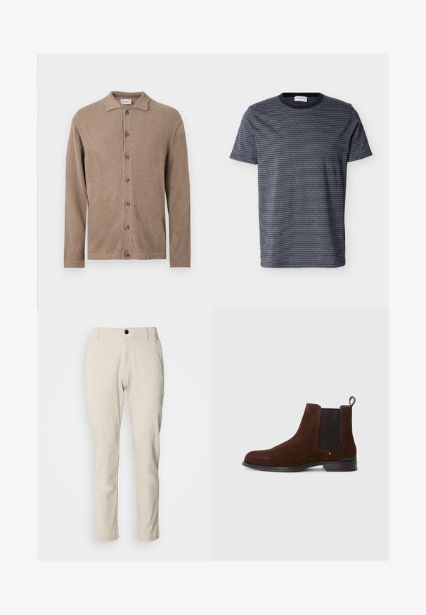 Camisa marrón de manga larga con botones, de tejido texturizado y cuello pequeño, mostrada sobre un fondo claro y sencillo.; Camiseta de hombre de manga corta en azul marino con finas rayas horizontales blancas y un cuello redondo sólido en azul marino.; Chinos beige con corte recto, hechos de suave tela de algodón, con cierre de cremallera y un único botón negro.; Botín Chelsea de ante marrón con paneles laterales elásticos, punta redonda y una pequeña lengüeta en la parte trasera; suela de goma negra con una textura sutil.