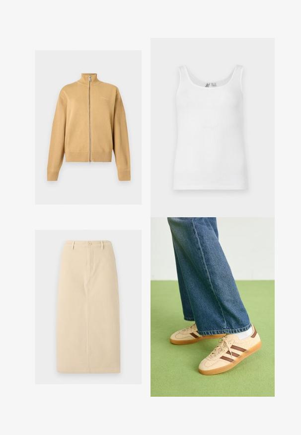 Jersey beige de punto con cremallera, manga larga, cuello alto y puños y dobladillo acanalados, mostrado sobre un fondo liso y claro.; Camiseta sin mangas blanca con textura acanalada y escote redondeado, mostrada extendida sobre un fondo claro.; Falda beige hasta la rodilla hecha de una tela resistente, con cierre frontal de botones y sutiles detalles de costuras verticales.; Zapatillas beige con paneles de crema texturizados y rayas marrones, combinadas con unos jeans de mezclilla azul. Los jeans tienen un corte de pierna ancha y dobladillo deshilachado.