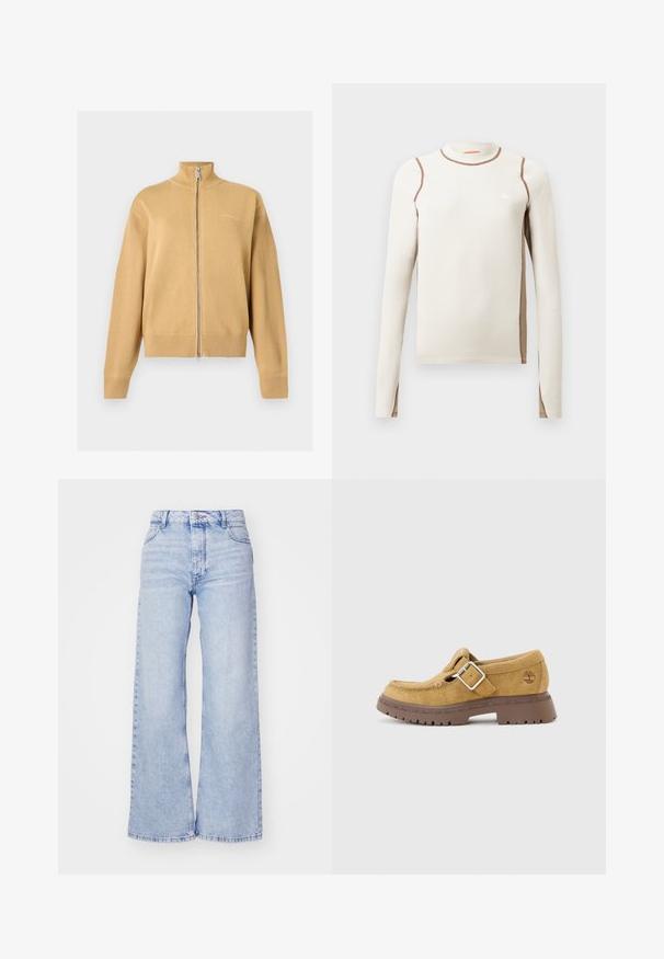 Beige striktrøje med lynlås, lange ærmer, høj krave samt ribstrikkede manchetter og kant, vist på en ensfarvet lys baggrund.; Langærmet lys beige top med en tætsiddende design, ribbet tekstur, kontrasterende brune sømme og et lille hvidt trekantet logo på brystet.; Roxy MILLA - Wide leg - glacier; Tanfarvede ruskind loafers med sølvspænde, syninger ved tåen, tyk brun grovmønster sål og præget Timberland-logo på hælsiden.